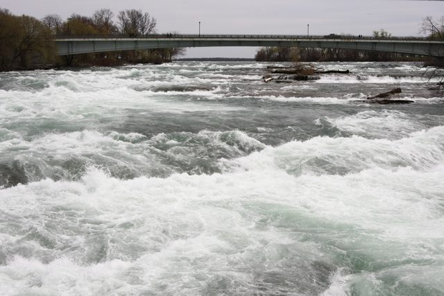 Бурная река Ниагара с белыми водоворотами и мостом на заднем плане