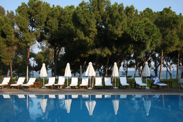 Бассейн отеля Park Beach Hotel в Лимасоле с шезлонгами и деревьями на фоне моря
