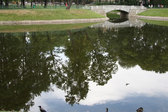 Карпин мост с каскадом в Дворцовом парке Гатчины, вид на воду с утками и людьми на фоне.
