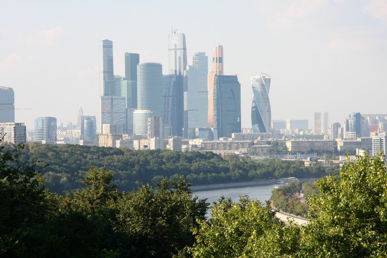 Вид на деловой центр «Москва-Сити» и Москву-реку со смотровой площадки на Воробьёвых горах