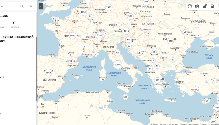 Яндекс-карта распространения коронавируса