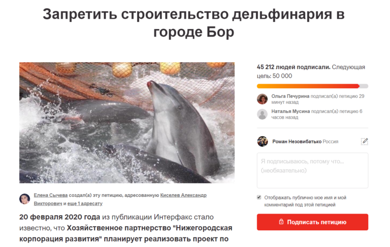 45 000 человек подписались против океанариума в городе Бор