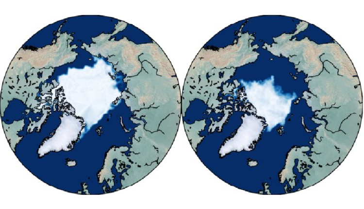 Площадь морского льда в конце арктического лета 1979 года, слева по сравнению с 2019 годом
