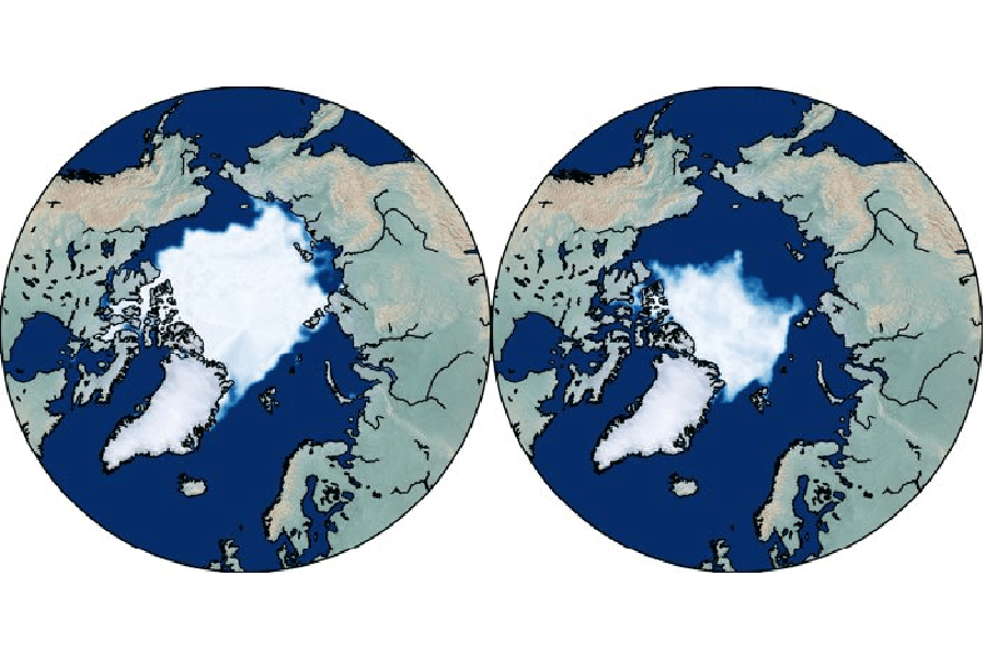 Площадь морского льда в конце арктического лета 1979 года, слева по сравнению с 2019 годом