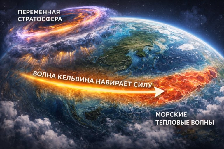 Климат в начале 2026 года: переменная стратосфера, волна Кельвина и растущие морские тепловые волны