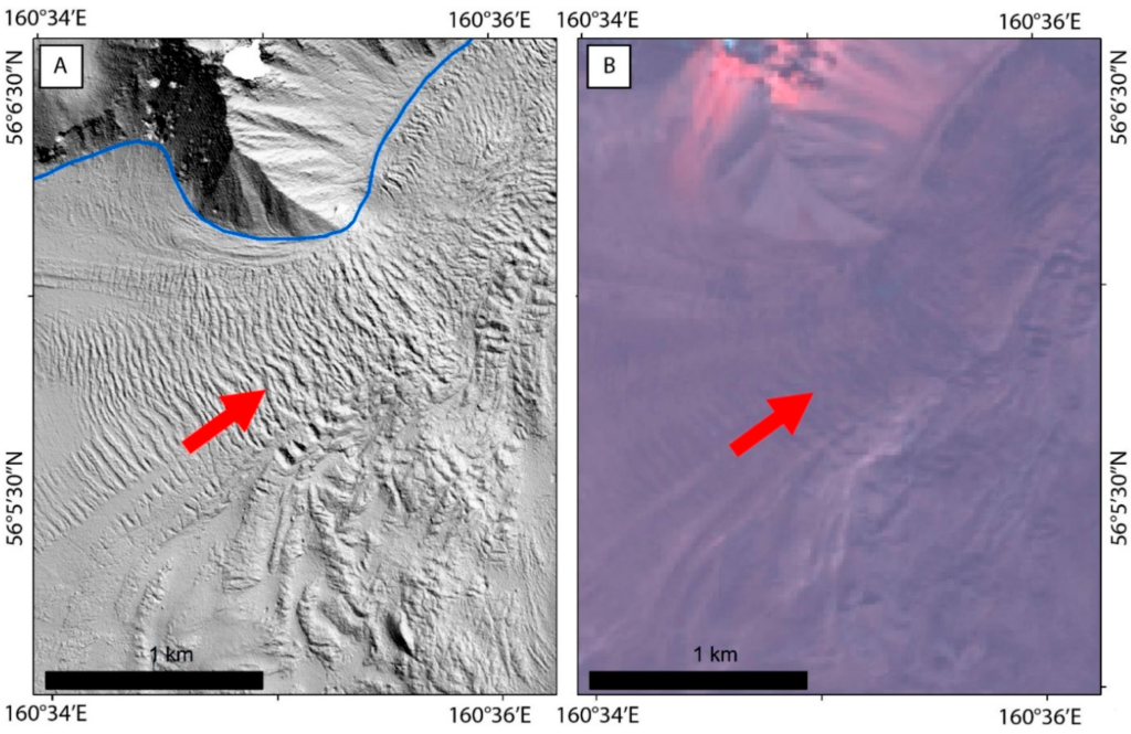 Моренно-покрытая верхняя часть ледника Эрмана на модели ArcticDEM и снимке Landsat 8