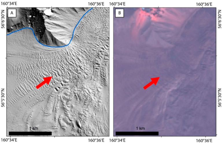 Моренно-покрытая верхняя часть ледника Эрмана на модели ArcticDEM и снимке Landsat 8