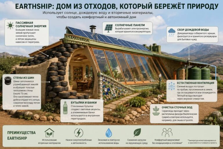 Дом из старых шин может обходиться без кондиционера и почти без отопления