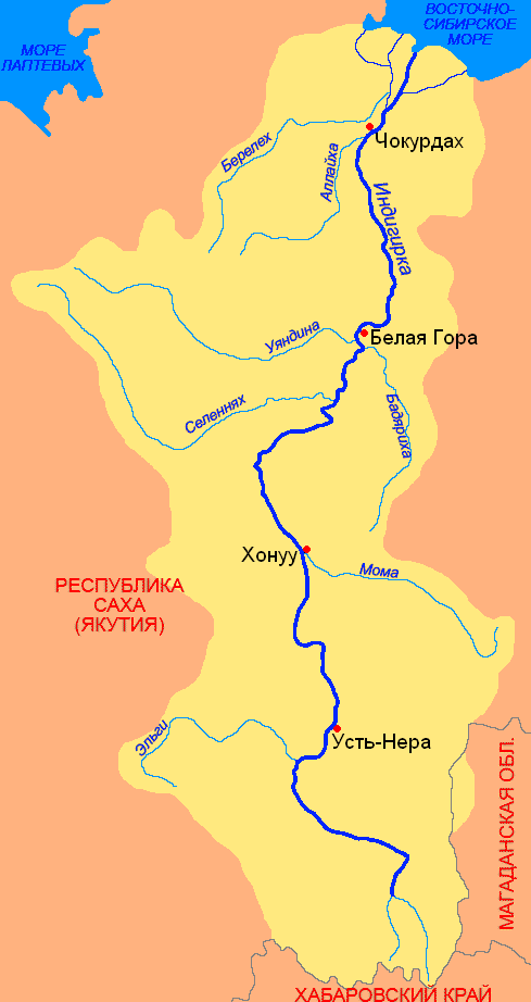 Карта Индигирки, её крупных притоков и поселений от Усть-Неры до Чокурдаха
