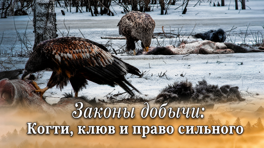 Хищные птицы кормятся на снегу; кадр фильма