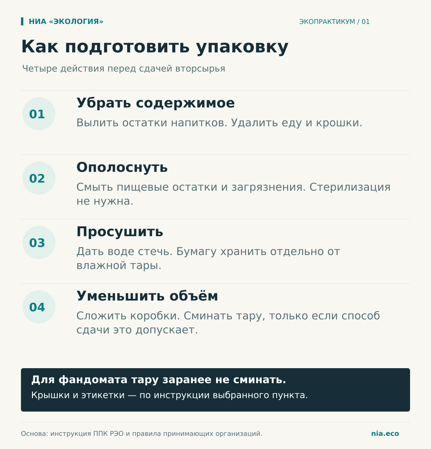 Подготовка упаковки: убрать содержимое, ополоснуть от остатков, просушить, компактно сложить. Тару для фандомата заранее не сминать; крышки и этикетки — по инструкции получателя.